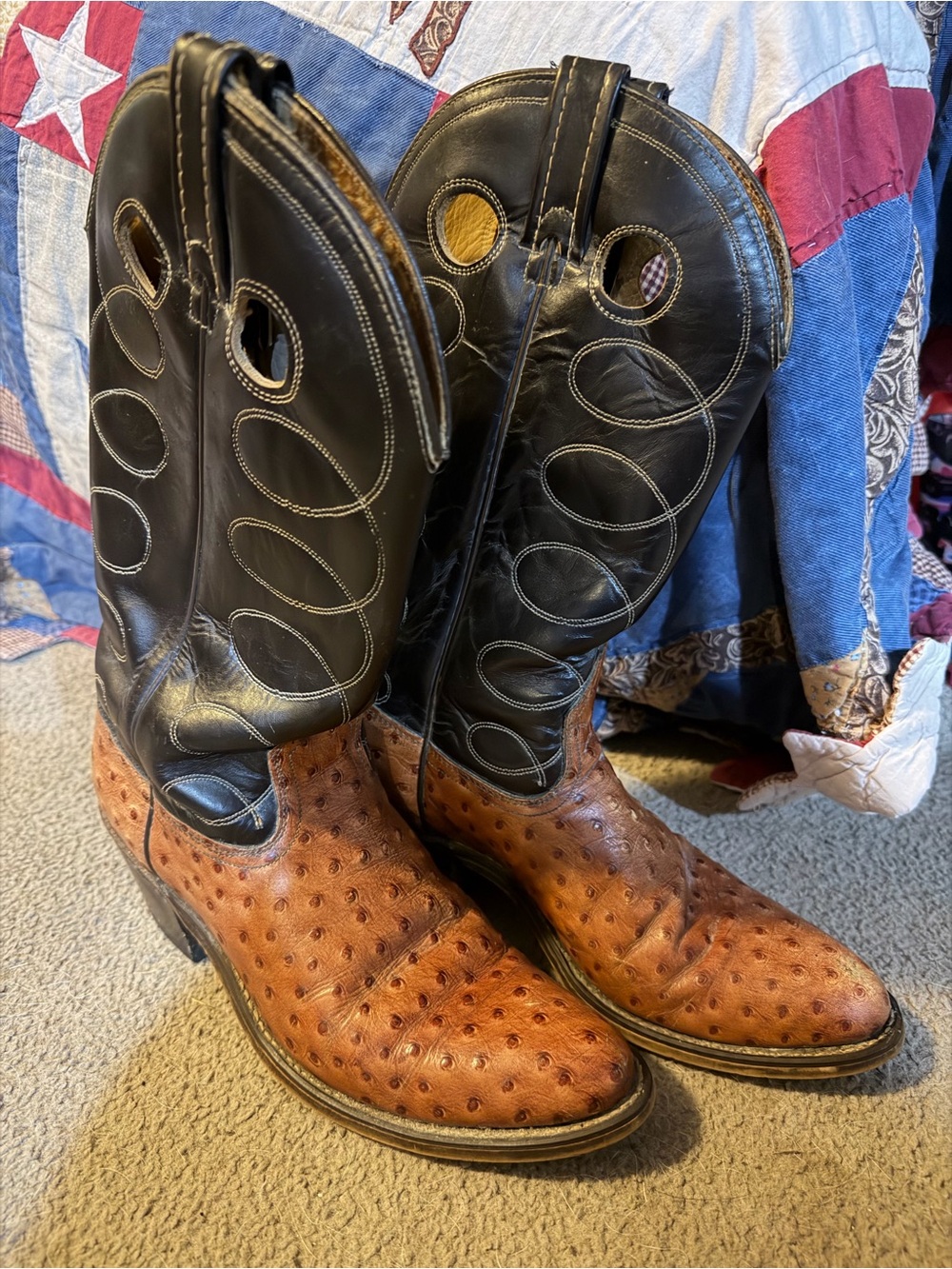 ACME Two-Tone Ostrich Cowboy Boots - Black & Brown
